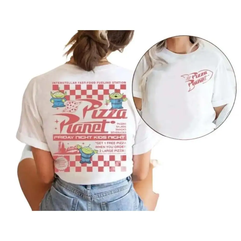 

Two-sided Pizza Planet Toy Shirt, Story Aliens Shirt, Pizza Planet Tee, Toy Family Shirts Womenswear Clothing