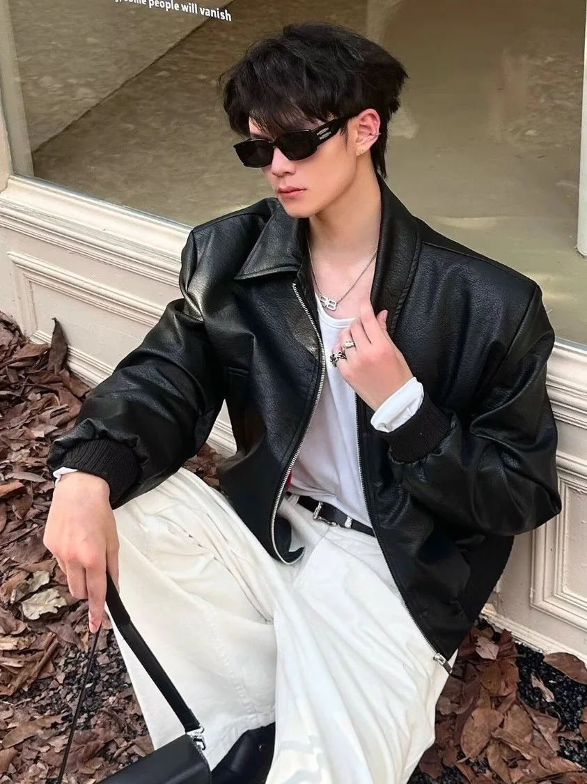

American Retro High-End Feel ort PU Leather Jaet Men's Spring Autumn Loose Cool Motorcycle Clothes Leather Coat