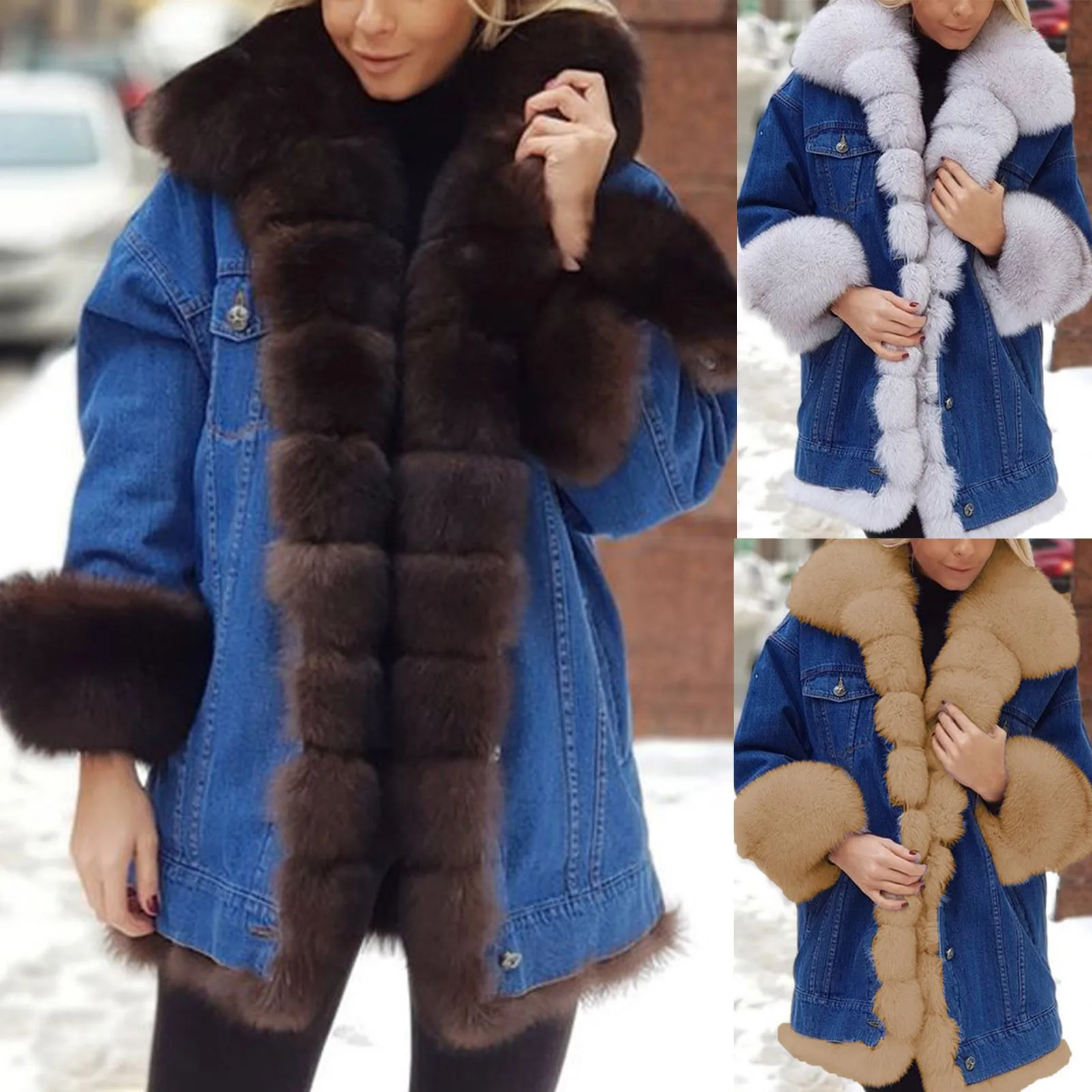 Fashion faux fur coat Autumn and winter Women\'s long-sleeved leather fur denim long coat Splicing Fleece Jackets Warm Overcoat