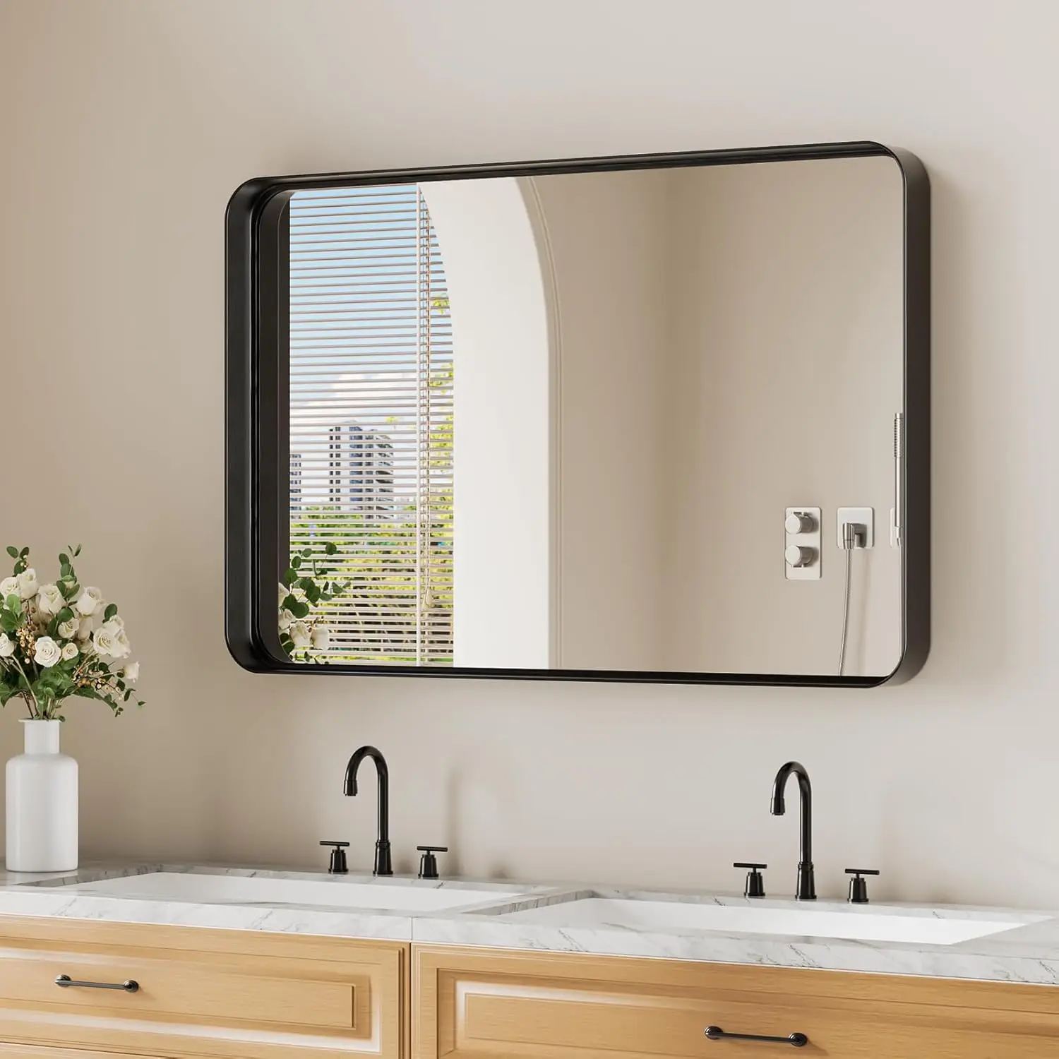 

Black Wall Mirror. 24x36". Matte Deep Frame. Rounded Rectangle. Farmhouse Style. Tempered Glass. Anti-Rust. Vertical/Horizontal.