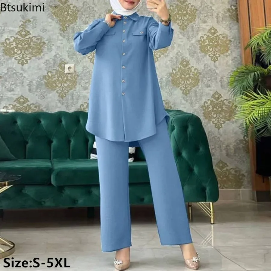 2025 Muslim Fashion Sets Women's Solid Long Sleeve Shirt+Pants Two Piece Sets Ramadan Prayer Clothes Casual Blouse Outfits Femme