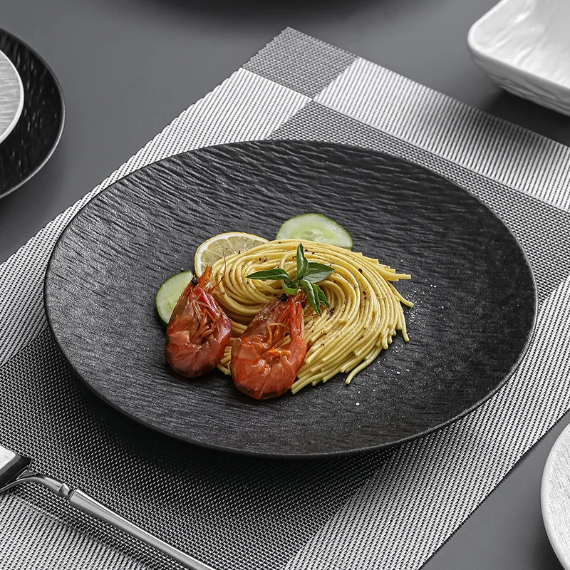 Black Dish Ceramic Plate Disc White Western Restaurant Tableware Barbecue Grilled Meat Serving Plate Ceramic Frosted Steak Plate