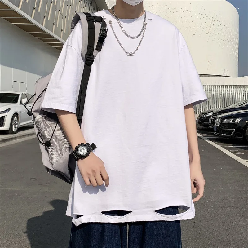 

E-BAIHUI Solid Chain Men's Tshirts Summer Short Sleeve Casual Male Tees Puncture for Hem Loose Hip Hop O-neck T Shirts for Man