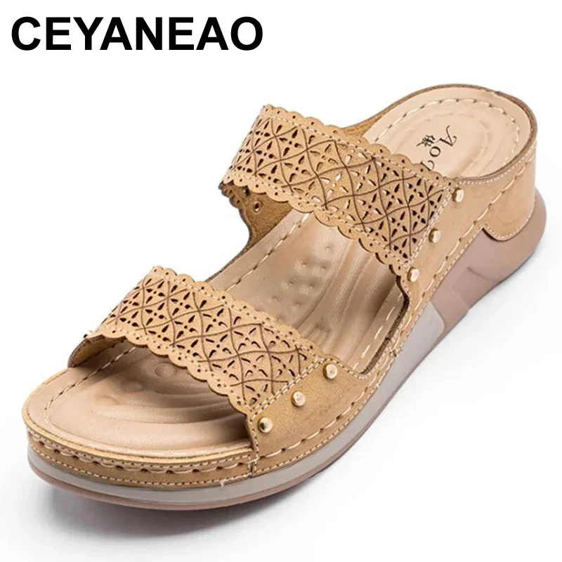 

CEYANEAO Outdoor Woman Slippers Fashion Hollow out Rivet Platform Shoes Women Summer Comfortable Casual Sandals Female