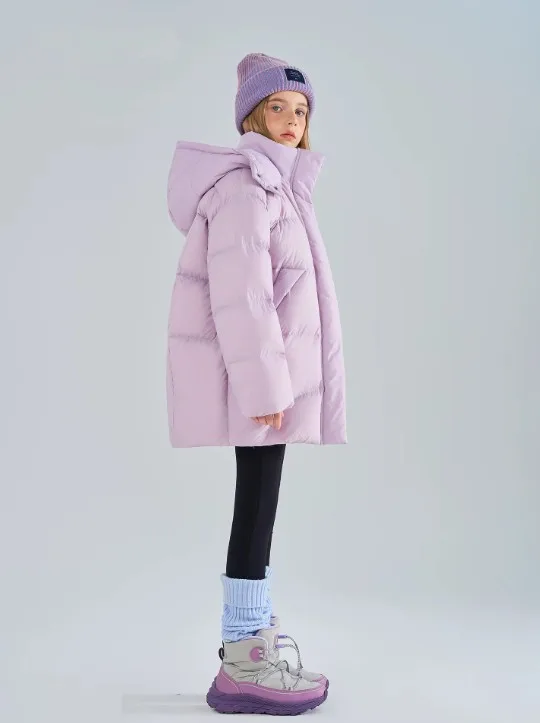 Mädchen Kapuzen-Pufferjacke Winter Warme Dicke Parka Kinderjacke mit Kordelzug in der Taille Daunen-Baumwolljacke Kinder-Oberbekleidung Lila A5118 – Detail 6