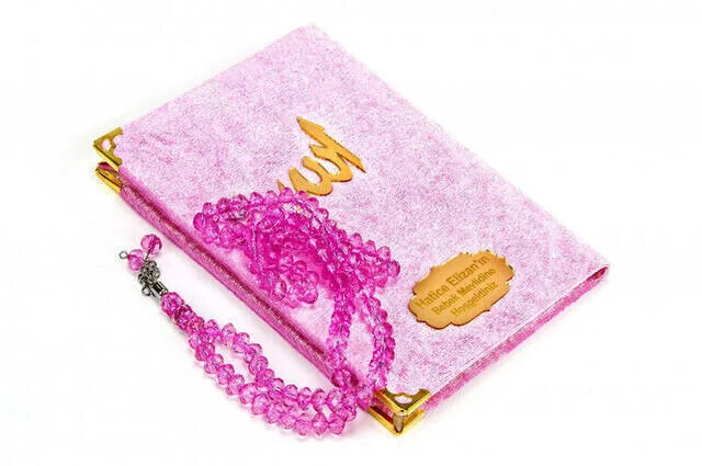 Velvet Coated Yasin Book - Bag Size-Name Special Plate - Rosary - Boxed - Pink Color - Religious gift