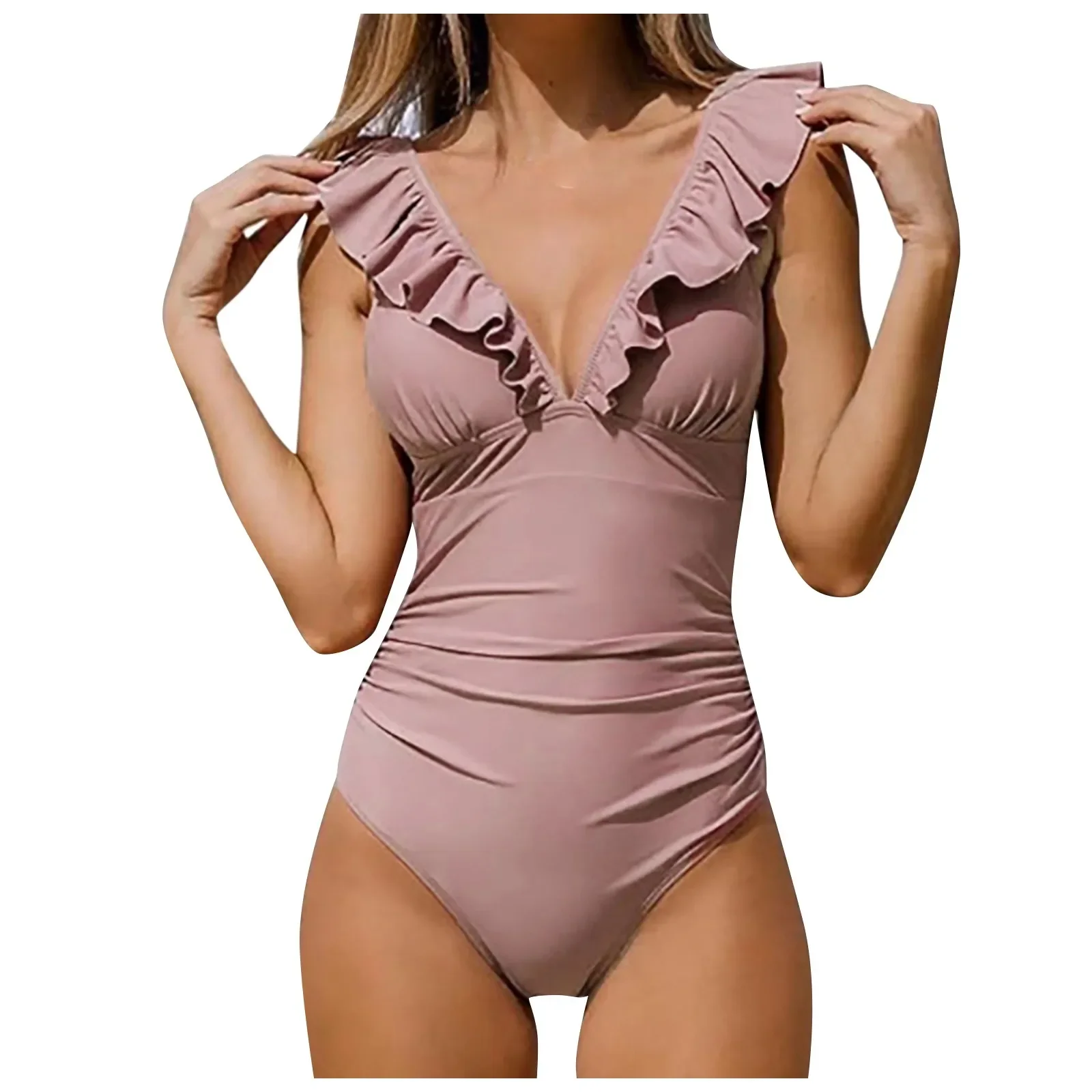 Novedad de verano, traje de baño Multicolor con volantes y cuello de pico para mujer, traje de baño deportivo de una pieza para mujer, Bikinis cómodos para exteriores de talla grande