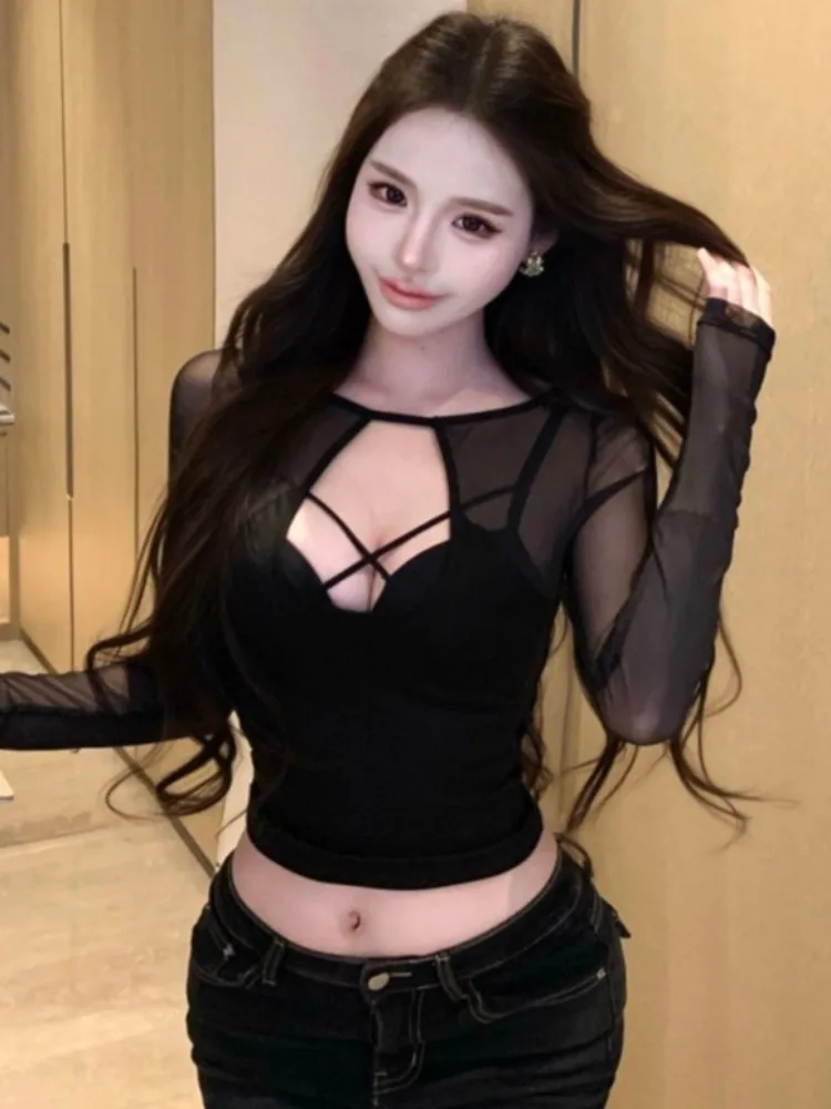 

Sexy Spicy Girl Style Long Sleeve Mesh T-Shirt Women's Spring Summer New Hollow out Cross Slimming Short Top Skin Friendly Br...