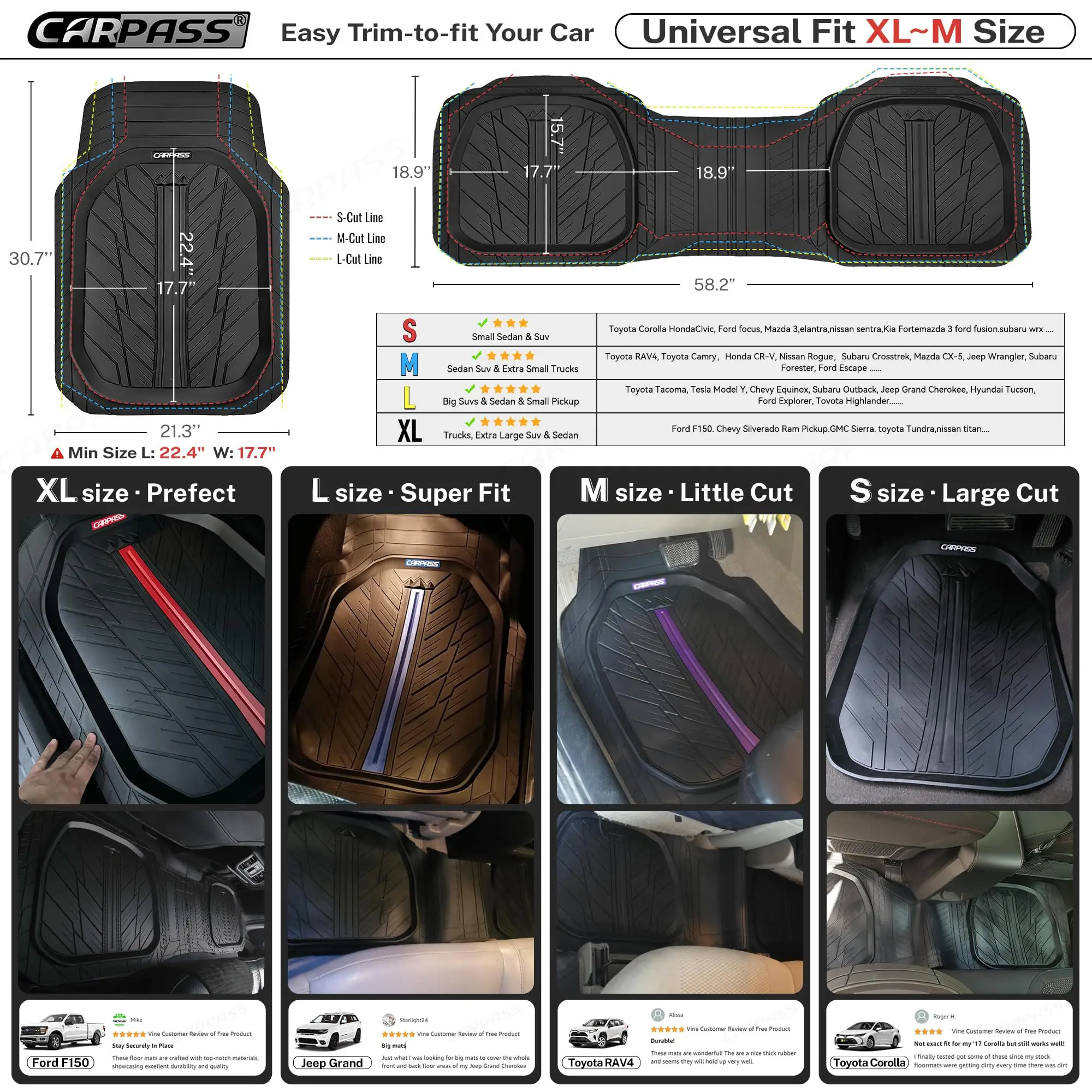 Heavy Duty Rubber Floor Mats 3-Piece, Trim-to-Fit Automotive Floor Mat for Truck Van SUV, Durable Waterproof All Weather Car Mat 6