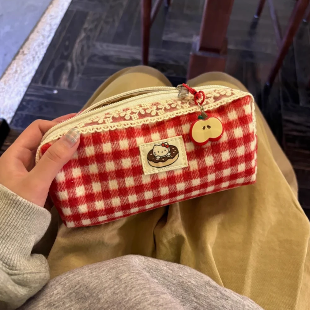 Cute Cartoon Hello Kitty Red Checkered Large Capacity Pencil Case Student Stationery Girl Kawaii Ktcat Pendant Apple Pencil Case image 3