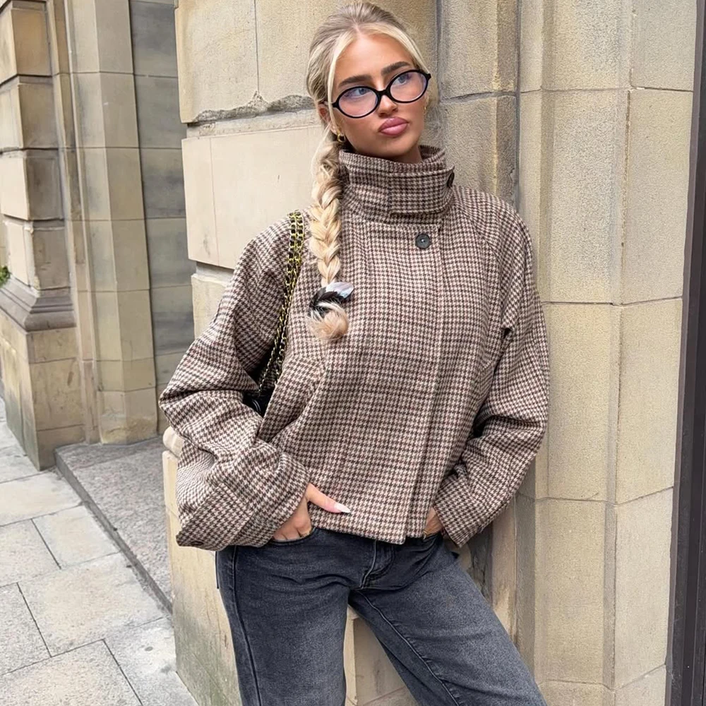 

Talenza Autumn Winter Women Jacket Vintage Plaid Fashion Stand Collar Button-Up Coats New Streetwear Commuter Female Outerwear