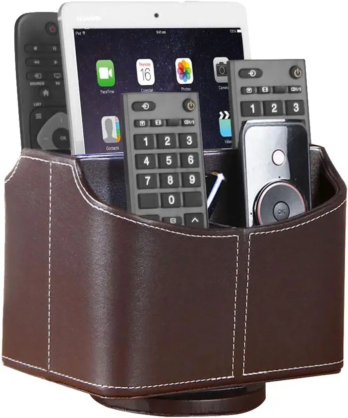 

Leather Remote Control Holder, 360 Degree Spinning Desk Organizer for TV Remote, Phone, and Pencil Storage