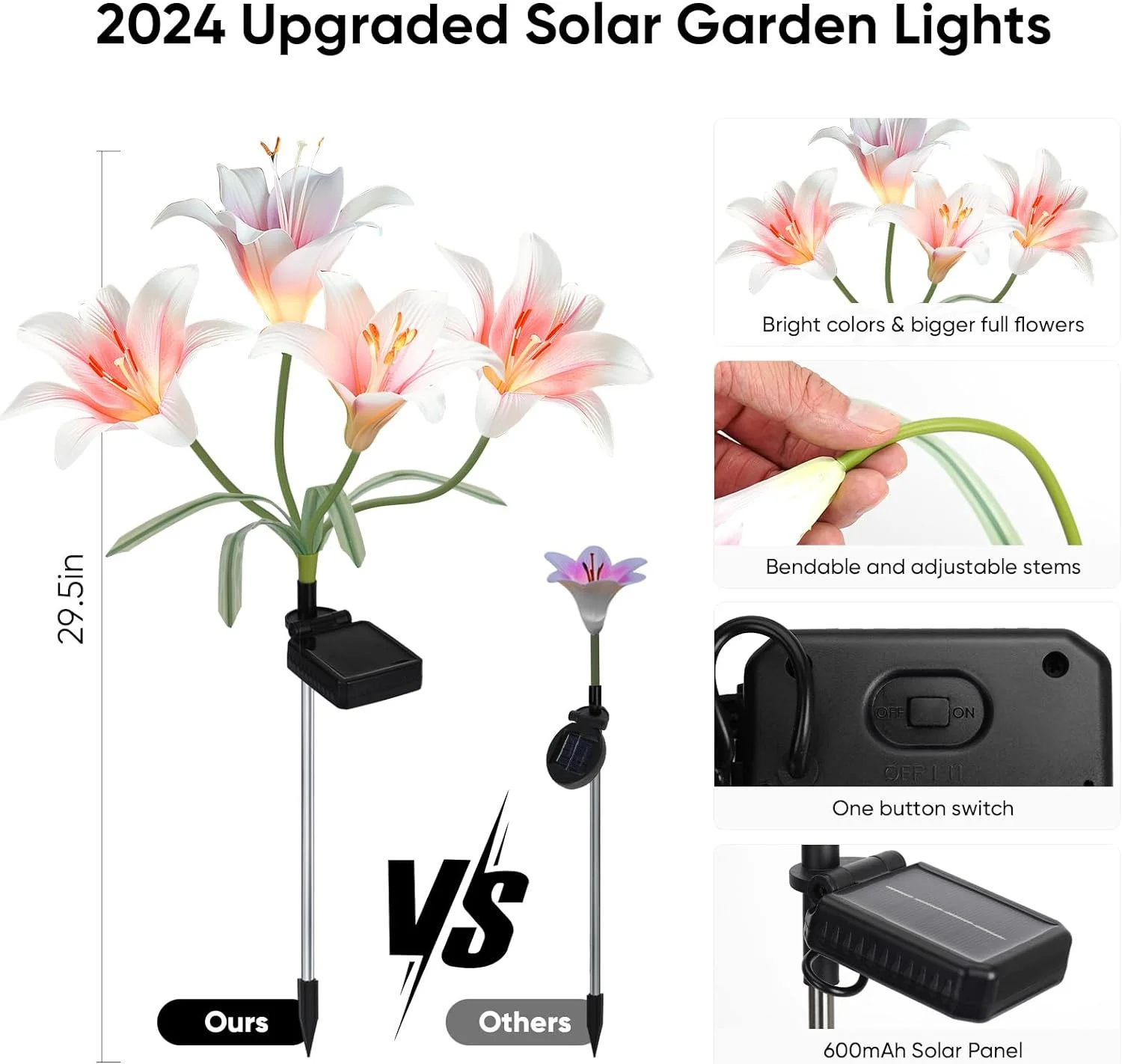 LED Solar Lily Flowers Lights Outdoor Waterproof Garden Night Light for Yard Lawn Walkway Backyard Landscape Lighting Home Decor