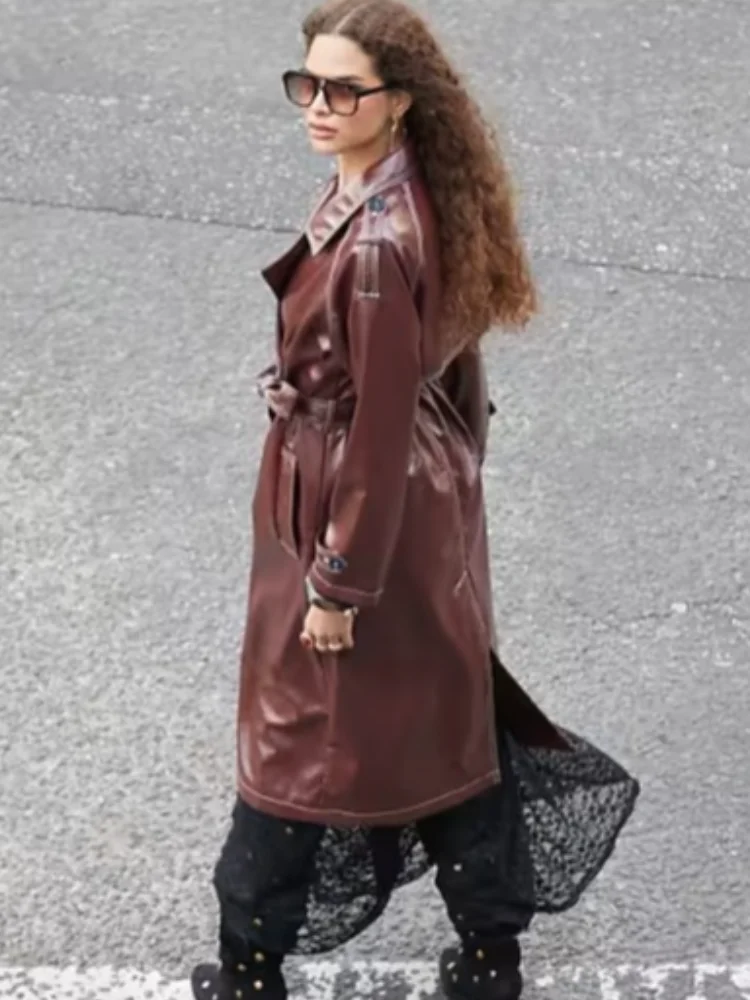 Elegant Burgundy Stunning Shiny Leather Windbreaker For Women Fashion Buttons Lapel Oversized Long Coat Lady Streetwear 2024 New