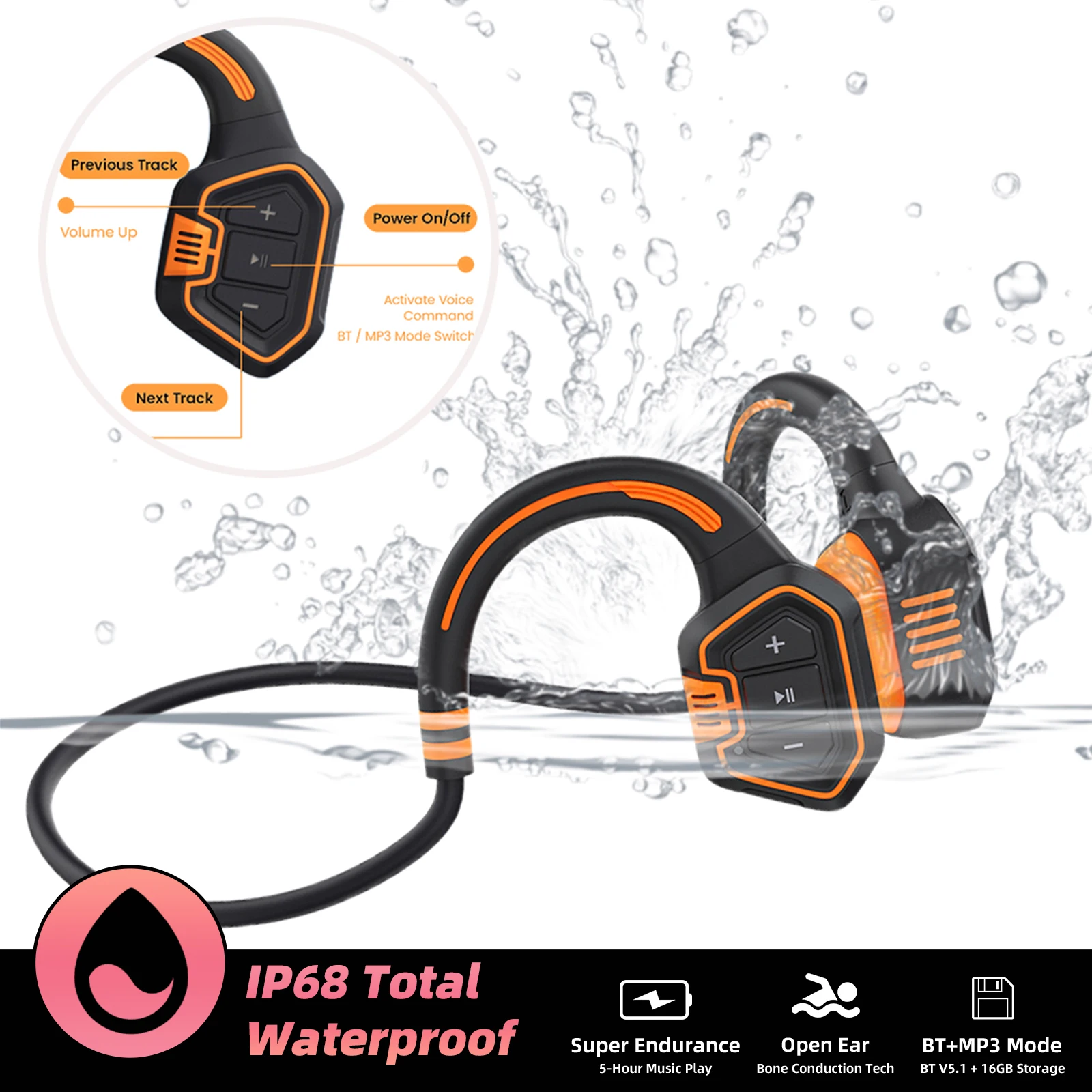 

AS9 Ip68 Fully Waterproof Swimming Bluetooth Earphones Bone Conduction headsets 16g Card Memory MP3 Mode Earbuds In-Ear Earhooks