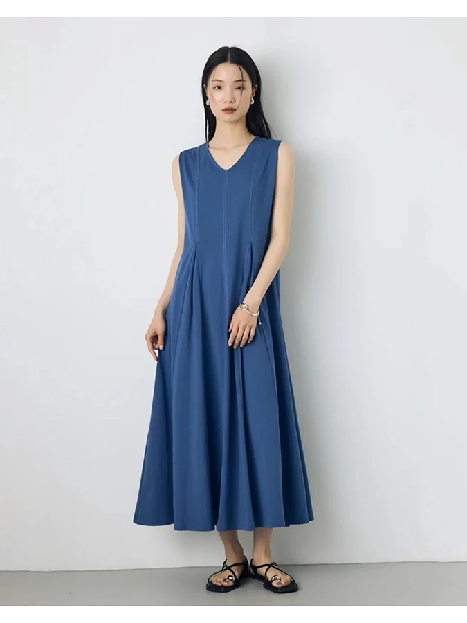

OLV Collar Sleeveless Vest Dress Waist Cinched Long Dress Commute Suitable Fashionable French Style Polyester Fiber Dress