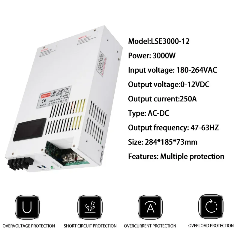 MZMW 3000W Digital Display 0-12V 250A Adjustable industrial transformer SMPS high power Switching Power Supply