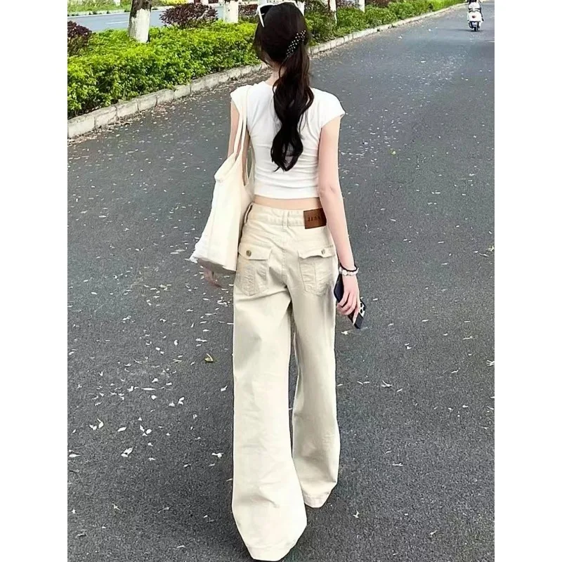 Womens Jeans American Style Light Apricot Wide Leg Low Rise Relaxed Fit Slimming Flowy Floor Length Spring New Womens Pants