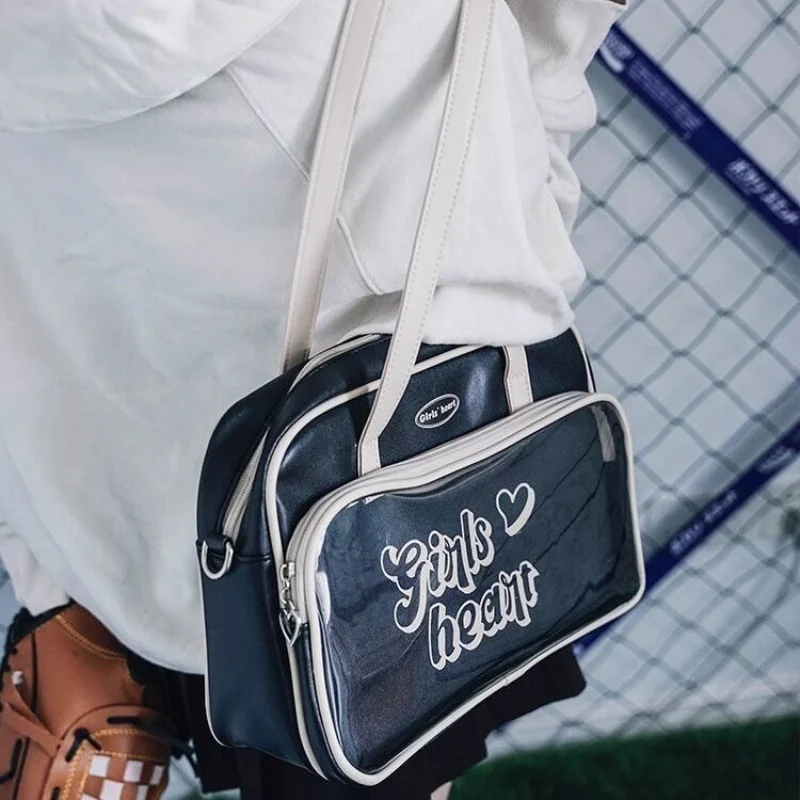 Letters Print Transparent Pu Leather  Ita Bags Streetwear All Match Women Handbags Casual Preppy Style Shoulder Underarm Bag