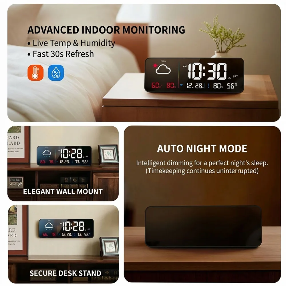 Digital Desk Wall Alarm Clock Smart WiFi Weather Station Calendar Week Display Indoor Temp Humidity Monitor Modern Home Office