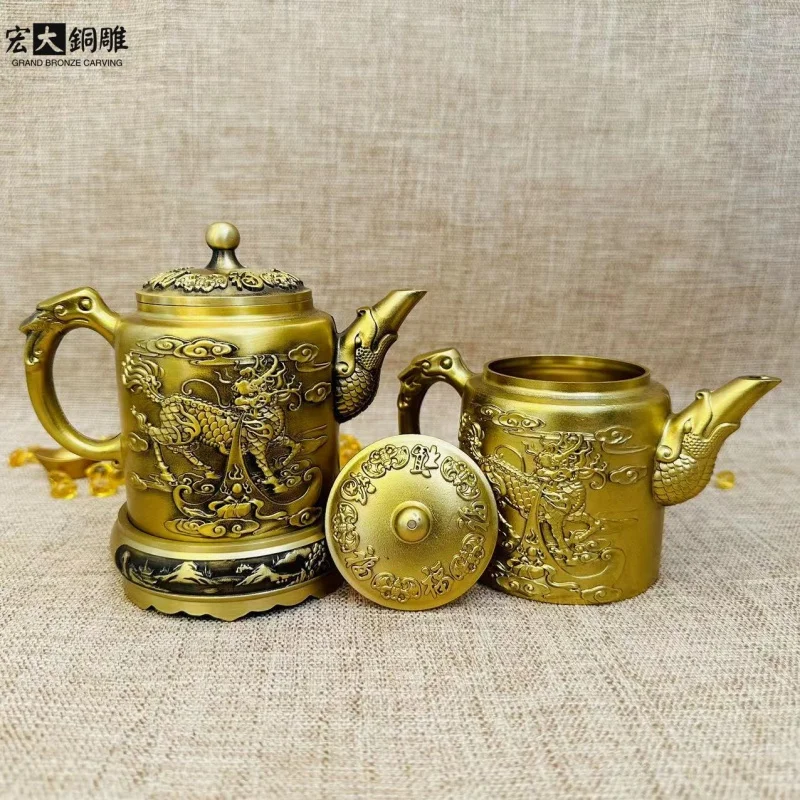 Brass Crafts Antique Bronze Brass Relief Kirin Teapot Dragon and Phoenix Kirin Wine Pot Home Tea Ornaments