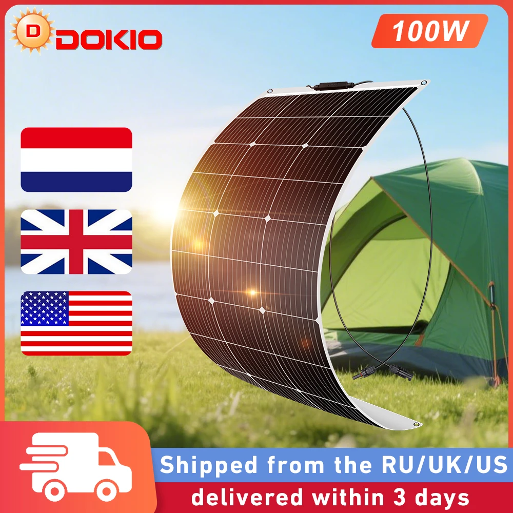 ПРОДАЖА! Гибкий солнечный комплект DOKI0 100 Вт, 18 В — монокристаллический для автодома/кемпинга (LocalStock, доставка в течение 3 дней)