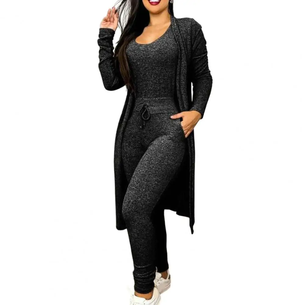 2 Stks/set Pak Dames Jumpsuit Jas Set U Nek Elastisch Trekkoord Slim Fit Hoge Taille Zakken Trainingspak Sportkleding