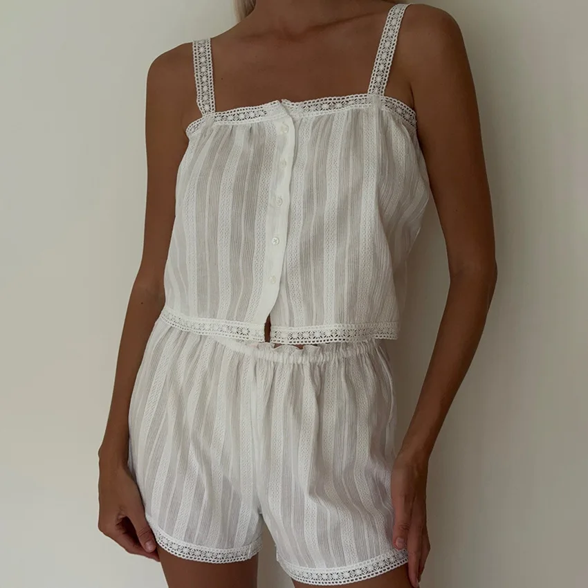 Summer Elegant Jacquard Weave Shorts Suits Pajamas Cotton Ruffles White Sleepwear Home Spaghetti Strap Vest Casual Sets 2
