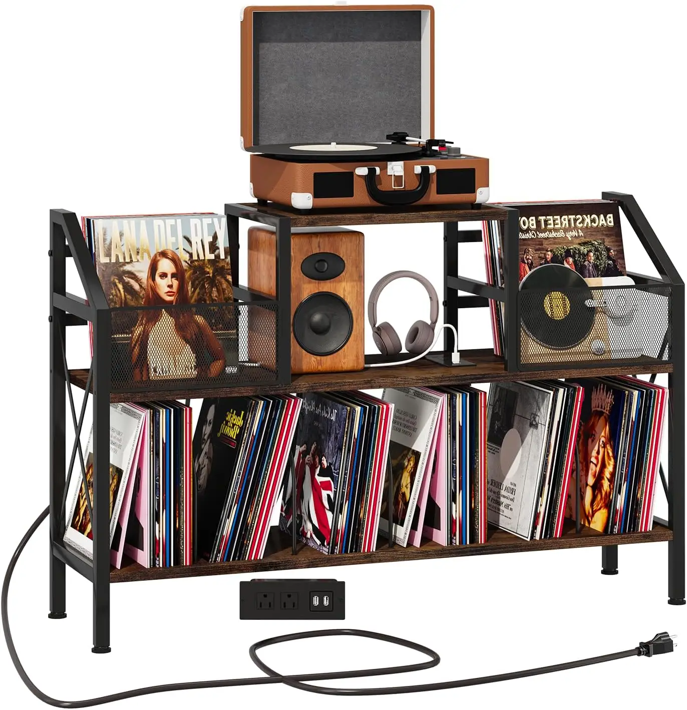 

Vintage Record Player Stand with Storage for 500 Albums, Rustic Brown Turntable Cabinet