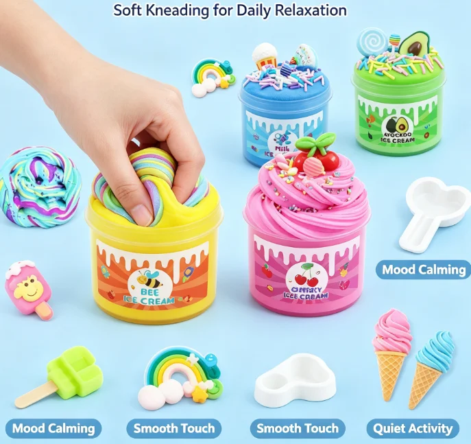 Ice cream lollipop themed slime set, high-stretch DIY craft clay, leaves no residue after use, comes with decorative accessories, a creative craft toy for boys and girls.