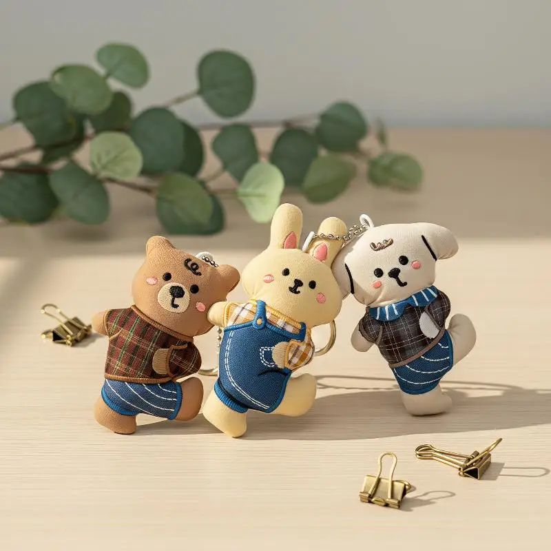 Mini Cute Plush Animal Doll Keychain Ins Style Bear Rabbit Dog Stuffed Pendant for Backpack Car Key Hanging Ornament