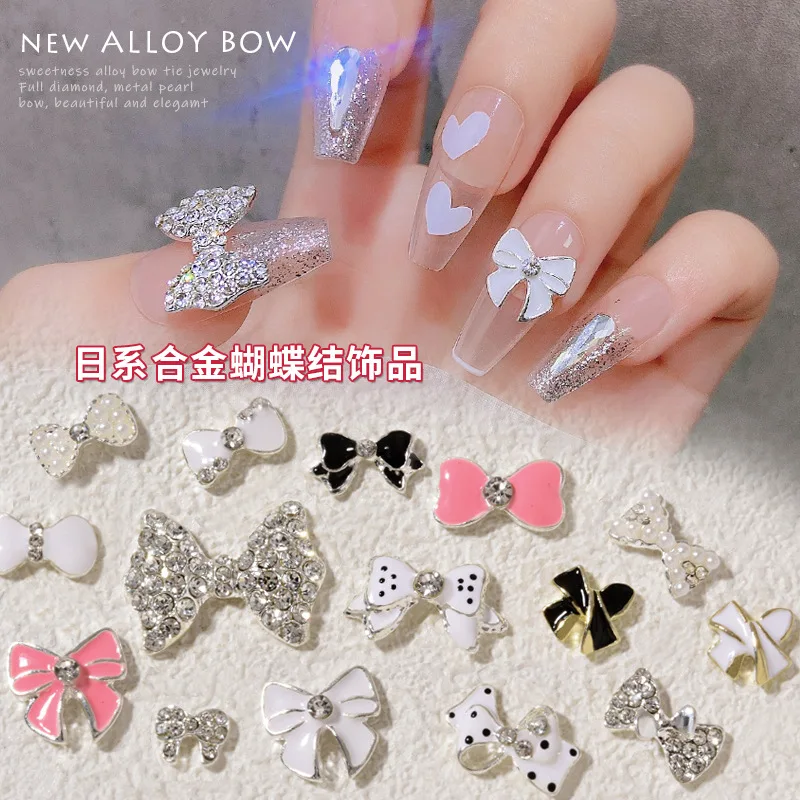 10PCS Glitter 3D Beautiful Luxury Bow Ribbon Diamond Pearl Alloy Nail Art Rhinestones Jewel Decorations Manicure Pretty Charms