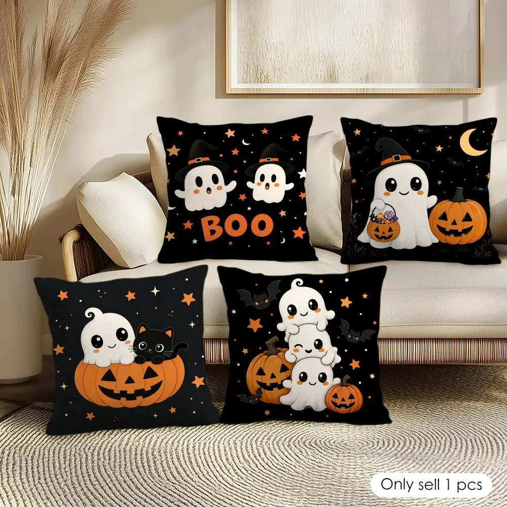 Kawaii Ghost Halloween Design Cushion Cover Soft Short Plush Pillow Cover Smooth Cozy Texture Aesthetic Cushion Case Home Decor