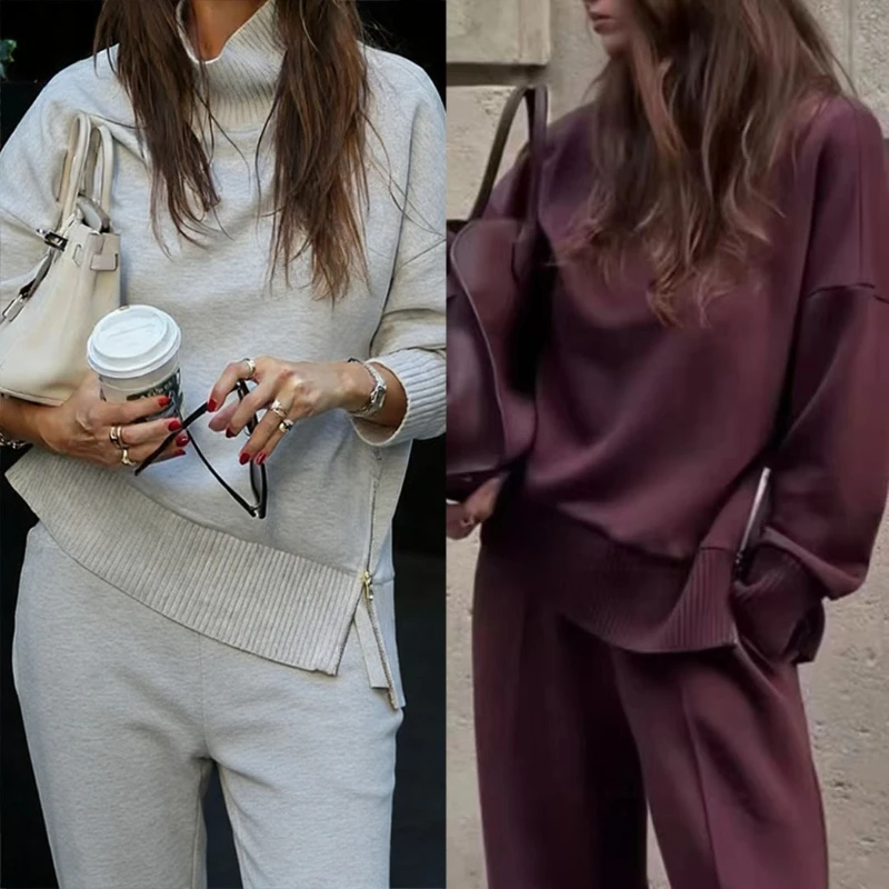 2026 Hot Selling Autumn New Item Solid Color Half Height Round Neck Loose Casual Hoodie and Pants Two-piece Set for Women