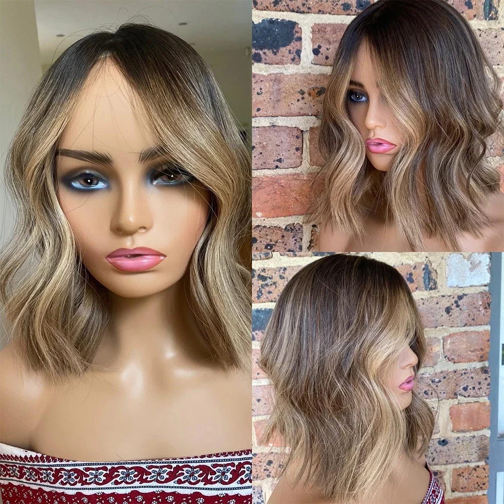 200 الكثافة تسليط الضوء على شقراء جزء مجاني قصير BobLong غلويليس موجة الدانتيل 5x5 قاعدة الحرير باروكة من شعر طبيعي للنساء BabyHair preplucked