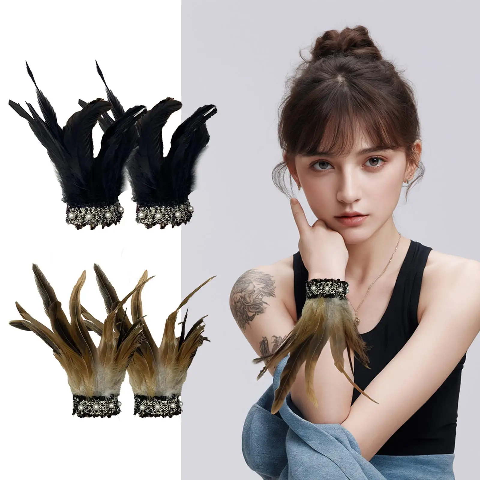 2 Pieces Artificial Feather Steampunk Feather Wrist Cuffs Feather Cuffs Bracelets for Halloween Carnival Stage Dance Evening