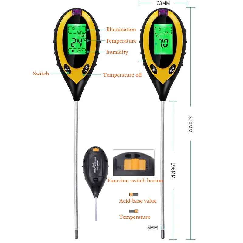 4 in 1 soil instrument illumination tester acid alkalinity meter PH moisture humidity digital display backlight test tester image 2