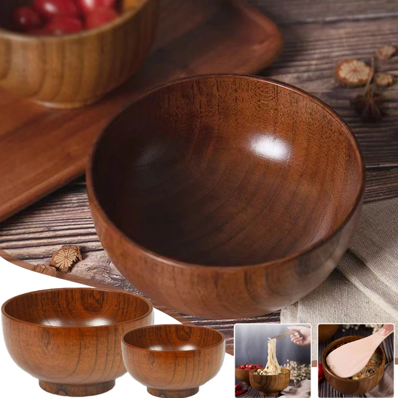 

Retro Household Solid Wood Bowls Reusable Food Containers Rice Salad Noodles Bowl Tableware Anti Scalding Vaisselle Cuisine 그릇