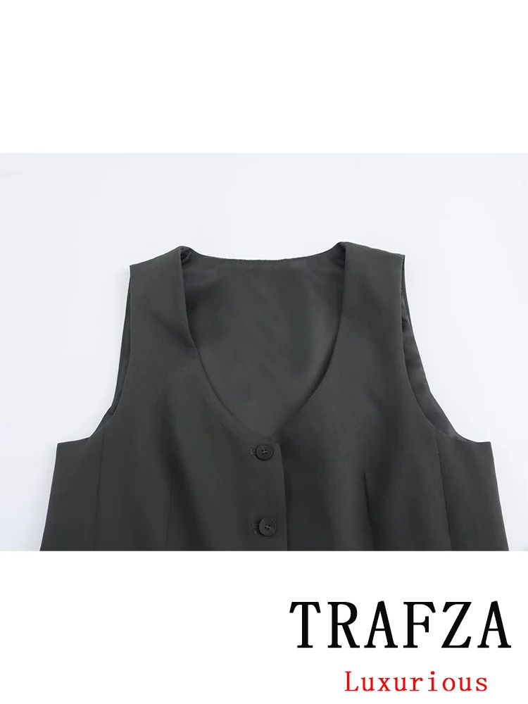 TRAFZA Vintage Casual Chic Women Suit Sleeveless Single Breasted V-Nack Vest Straight Loose Pants New Fashion 2024 Autumn Sets