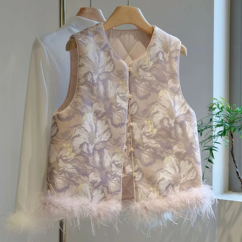 

Autumn Spring Frog Button Vest Women Chinese Style Sleeveless Splicing Fur Jacket Jacquard Silk Thick Casual Female Vests