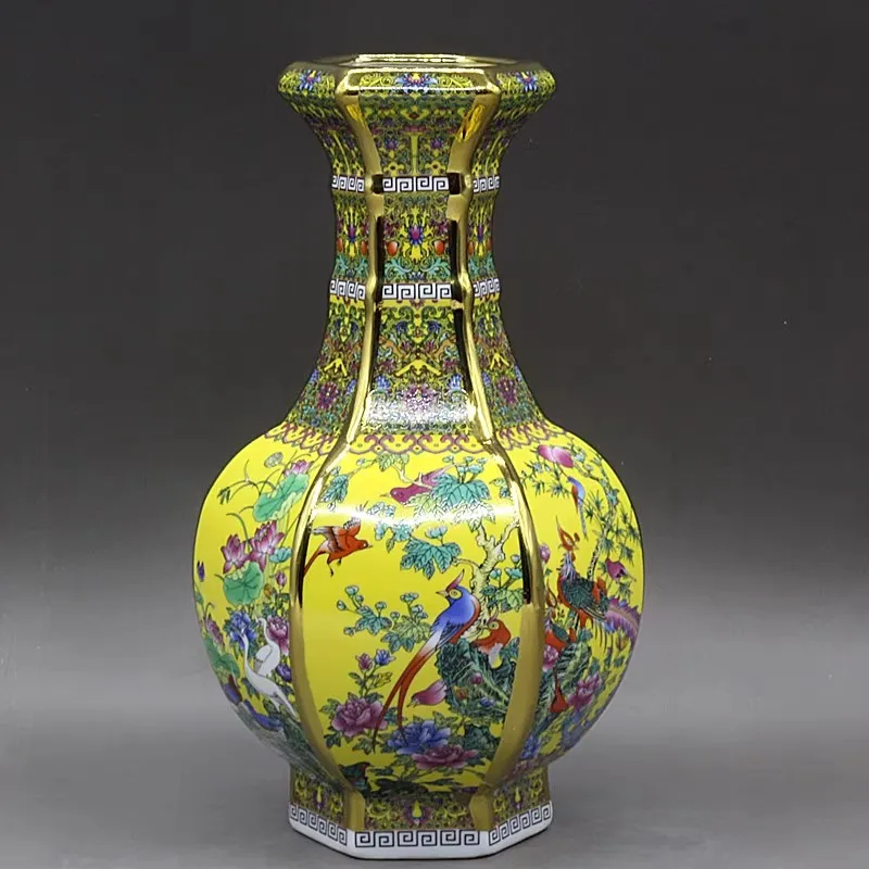 

Qing Qianlong Enamel Colorful Flower and Bird Hexagonal Yellow Appreciation Vase Antique Porcelain Ornament