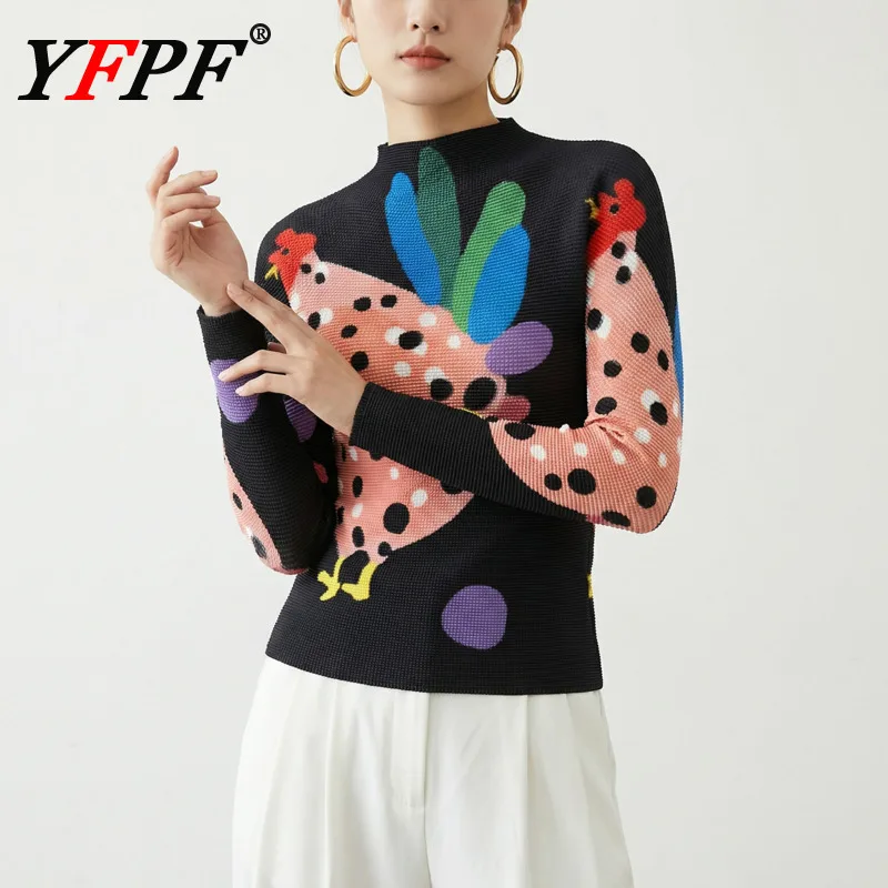 

YFPF Miyake плиссированная женская футболка с принтом контрастного цвета, тонкие модные топы с длинными рукавами, блузка, уличная одежда, новинка весны 2026 г.