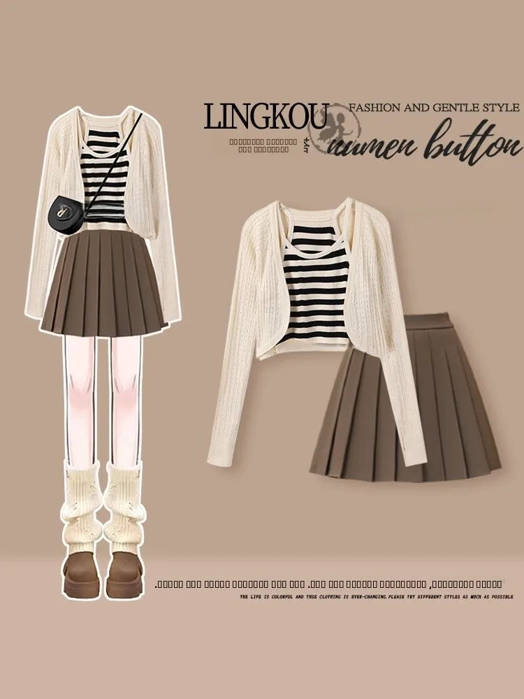 

Elegant Stripe Patterned Three-Piece Set Women's College Style High Waist Skirt And Open Cardigan Perfect for Autumn