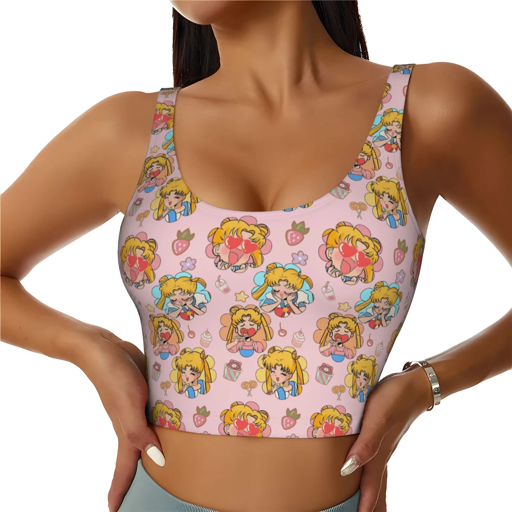 Custom Women's Sailors Anime Moons Sports Bra Usagi Tsukino High Impact Gym Workout Yoga Crop Tank Tops
