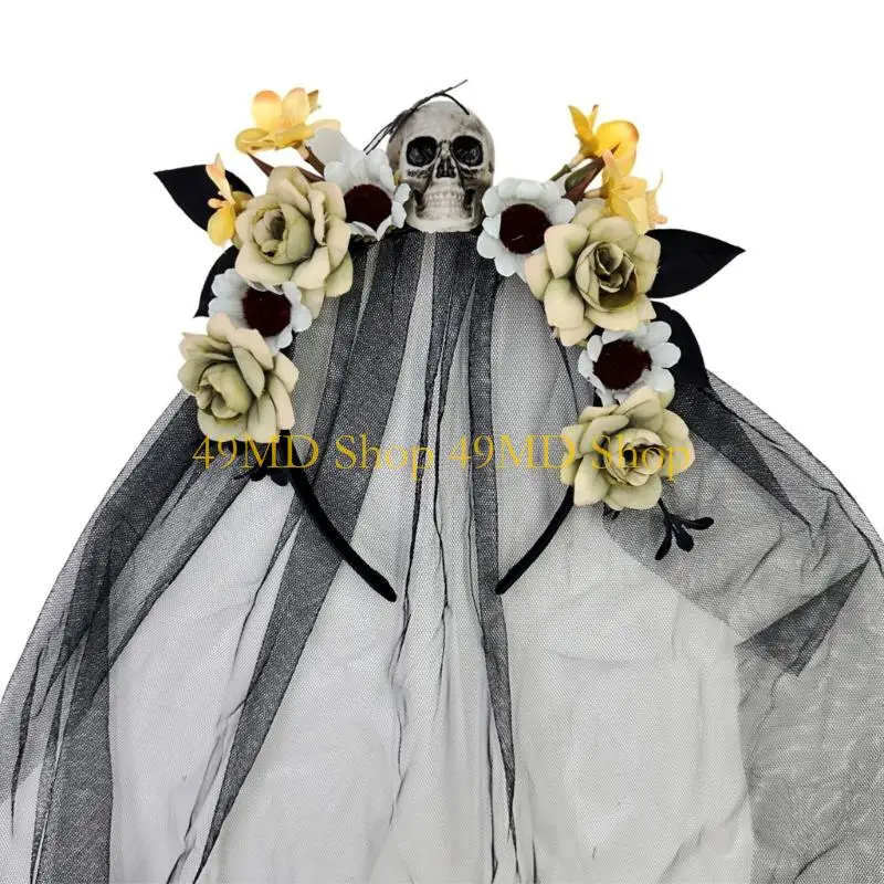 

49MD Halloween Witch Hairband Cosplay Skull Flower Hair Styling Accessory For Adult