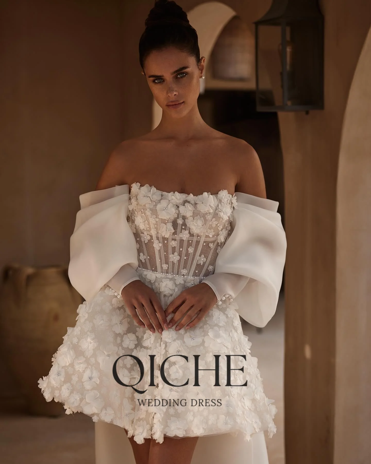 QICHE Mini 3D Flowers With Pearls Wedding Dress Detachable Puffy Sleeve And Train vestidos de novia A-line After Party image 2