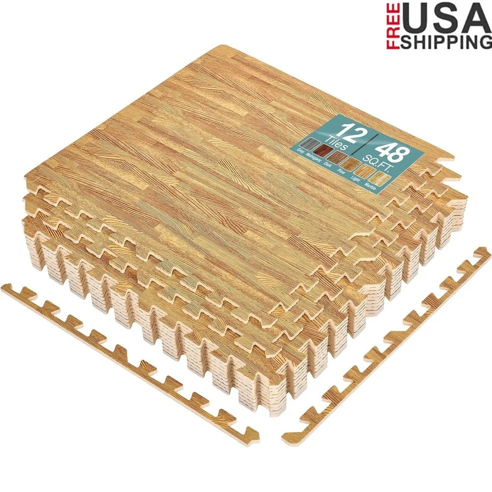 24x24 Interlocking Foam Floor Mats 12 Piece Wood Grain Cushioning Tiles Easy Install Anti-Fatigue Waterproof Home Business
