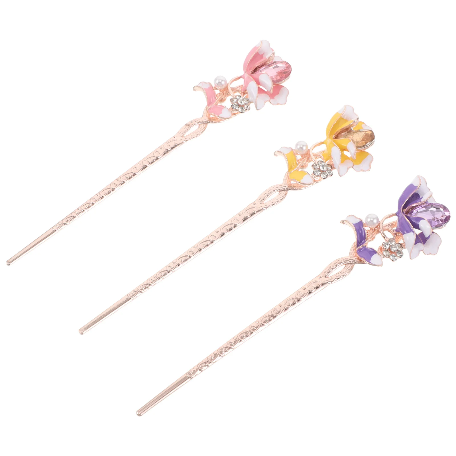 

3pcs Hanfu Hair Accessories Traditional Chinese Metal Hairpins Elegant Floral Design Vintage Updo Holders Bun Forks Styling Pins