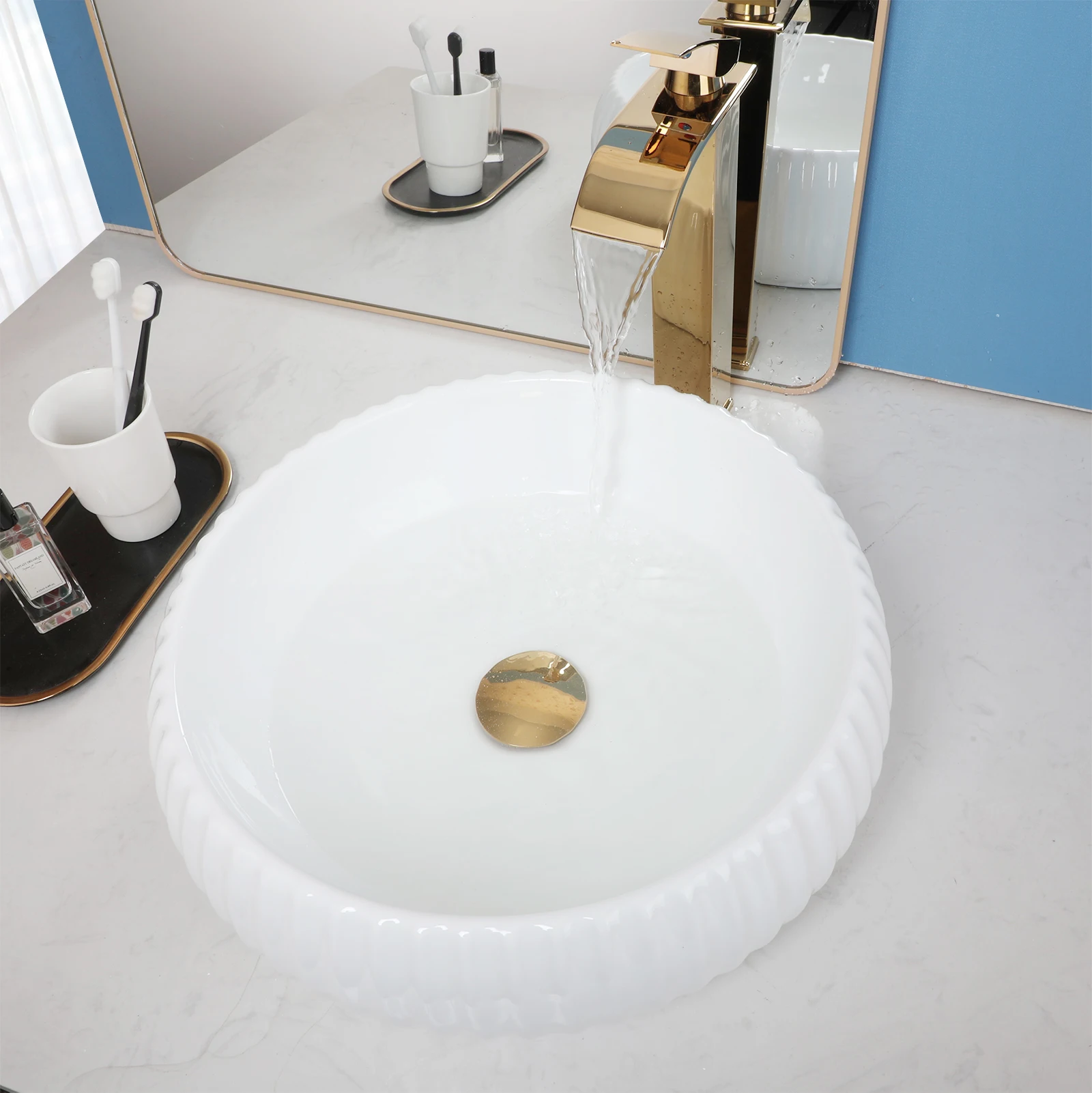 KEMAIDI White Bathroom Sink Round Bathroom Sink Ceramic Basin Bowl Sink with Gold Faucet Drain Counterop Basin Bowl For Bathroom