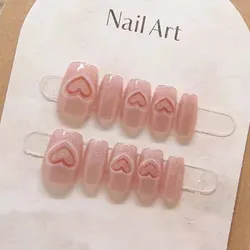 10pcs Girl Sweet Cute Pink Heart Cat's Eye Short T Short Ballet Press on Nails False Nails with 1 Jelly Gel and 1 Nail File